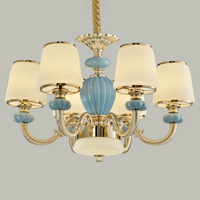 Barrel Living Room Chandelier Frosted Glass Simple Ceramics Suspension Pendant in Blue 6 Blue Clearhalo 'Ceiling Lights' 'Chandeliers' 'Modern Chandeliers' 'Modern' Lighting' 2029965