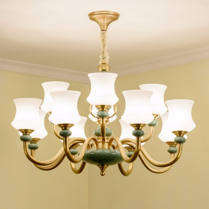 Tapered Living Room Pendant Lamp Frosted Glass Minimalistic Chandelier Lighting Fixture in Green 12 Green Clearhalo 'Ceiling Lights' 'Chandeliers' 'Modern Chandeliers' 'Modern' Lighting' 2029971