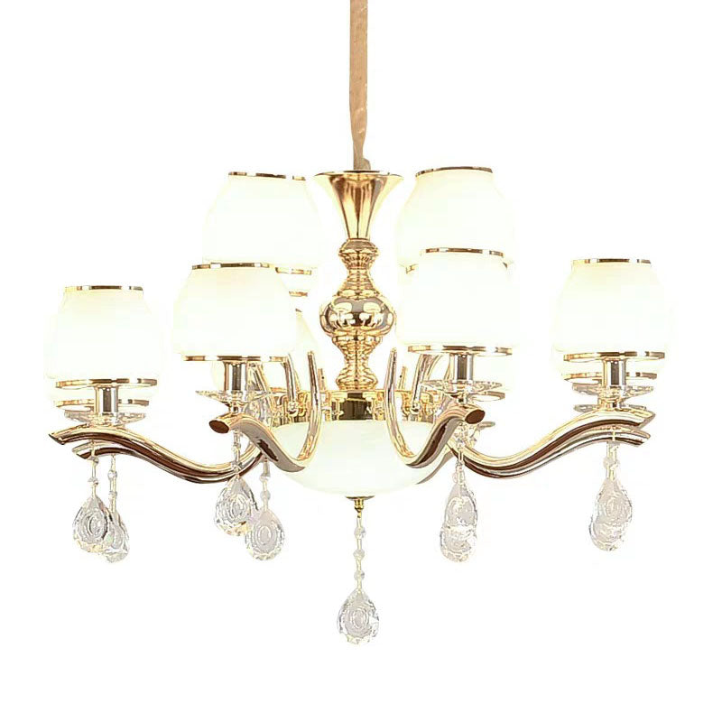 Gold Urn Shade Pendant Lighting Modernist White Glass Hanging Chandelier with Crystal Droplet Clearhalo 'Ceiling Lights' 'Chandeliers' 'Modern Chandeliers' 'Modern' Lighting' 2030006