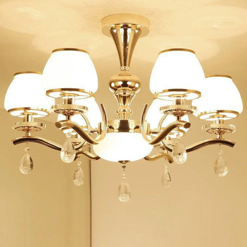 Gold Urn Shade Pendant Lighting Modernist White Glass Hanging Chandelier with Crystal Droplet Clearhalo 'Ceiling Lights' 'Chandeliers' 'Modern Chandeliers' 'Modern' Lighting' 2030012
