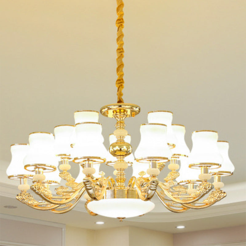 Simple Chandelier Light Fixture Gold Curved Down Lighting Pendant with White Frosted Glass Shade White Clearhalo 'Ceiling Lights' 'Chandeliers' 'Modern Chandeliers' 'Modern' Lighting' 2030037