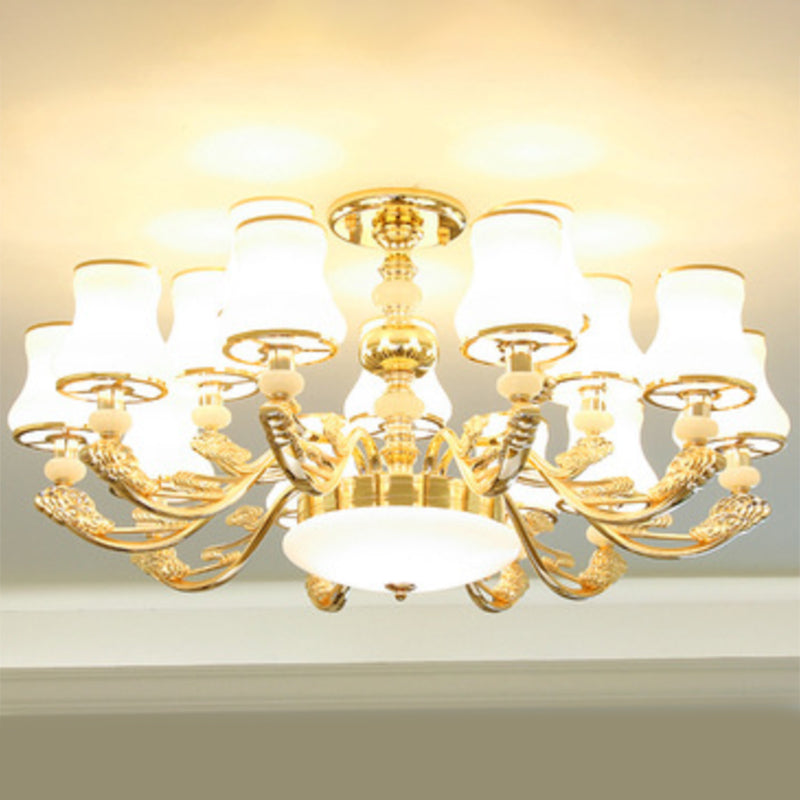 Simple Chandelier Light Fixture Gold Curved Down Lighting Pendant with White Frosted Glass Shade 15 White D Clearhalo 'Ceiling Lights' 'Chandeliers' 'Modern Chandeliers' 'Modern' Lighting' 2030038