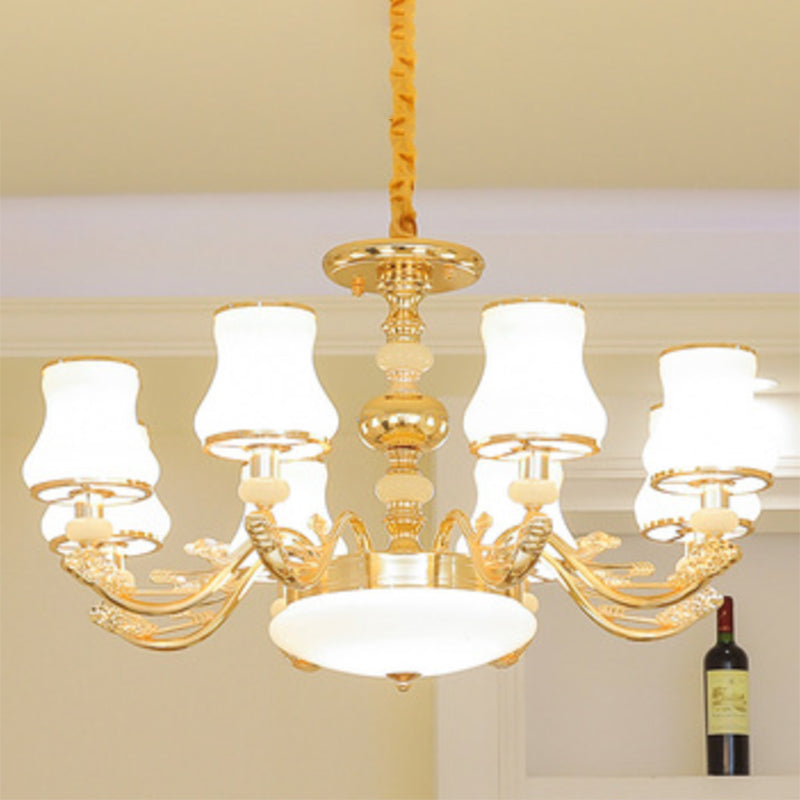 Simple Chandelier Light Fixture Gold Curved Down Lighting Pendant with White Frosted Glass Shade 8 White D Clearhalo 'Ceiling Lights' 'Chandeliers' 'Modern Chandeliers' 'Modern' Lighting' 2030041