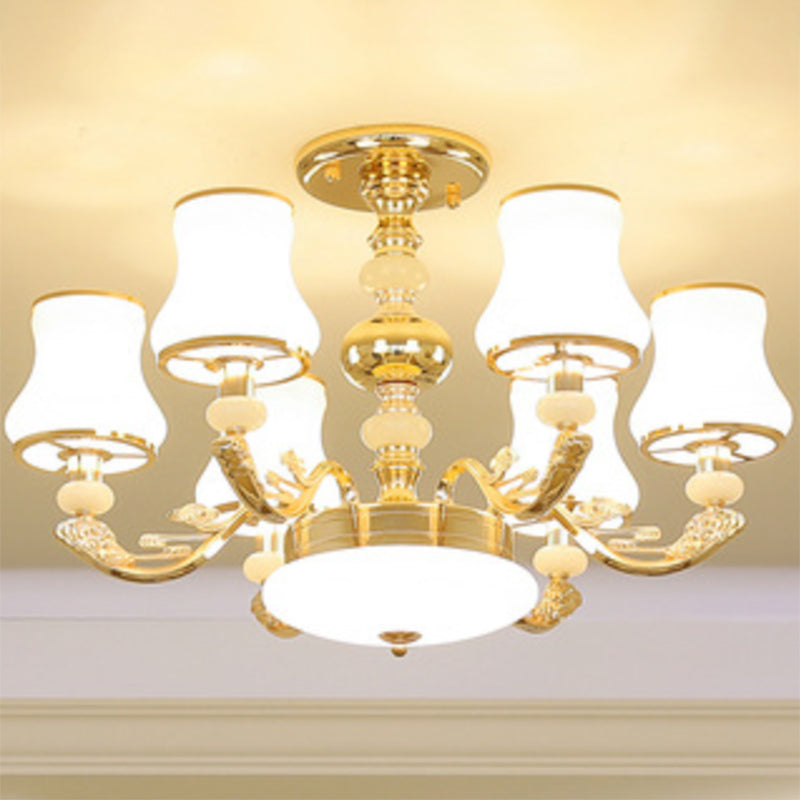 Simple Chandelier Light Fixture Gold Curved Down Lighting Pendant with White Frosted Glass Shade 6 White D Clearhalo 'Ceiling Lights' 'Chandeliers' 'Modern Chandeliers' 'Modern' Lighting' 2030042