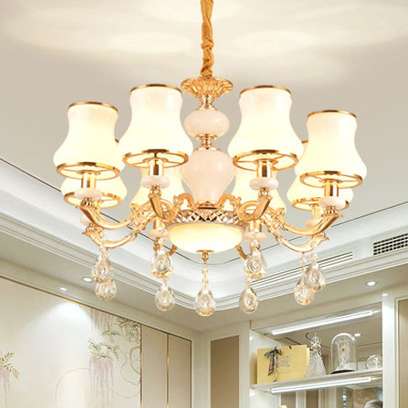Frosted Glass Curve Chandelier Lighting Minimal Hanging Ceiling Light with Crystal Accent in Gold 8 Gold Clearhalo 'Ceiling Lights' 'Chandeliers' 'Modern Chandeliers' 'Modern' Lighting' 2030065