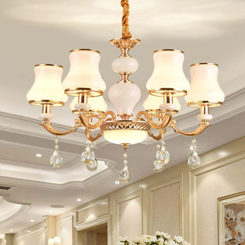Frosted Glass Curve Chandelier Lighting Minimal Hanging Ceiling Light with Crystal Accent in Gold 6 Gold Clearhalo 'Ceiling Lights' 'Chandeliers' 'Modern Chandeliers' 'Modern' Lighting' 2030067