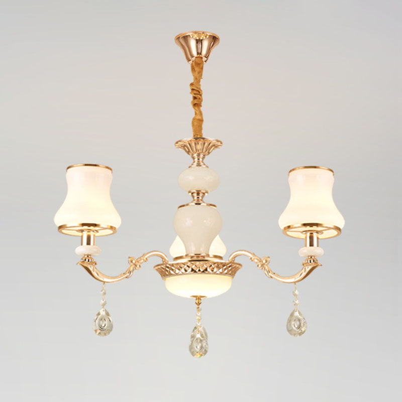 Frosted Glass Curve Chandelier Lighting Minimal Hanging Ceiling Light with Crystal Accent in Gold 3 Gold Clearhalo 'Ceiling Lights' 'Chandeliers' 'Modern Chandeliers' 'Modern' Lighting' 2030069