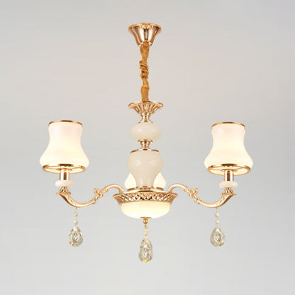 Frosted Glass Curve Chandelier Lighting Minimal Hanging Ceiling Light with Crystal Accent in Gold 3 Gold Clearhalo 'Ceiling Lights' 'Chandeliers' 'Modern Chandeliers' 'Modern' Lighting' 2030069