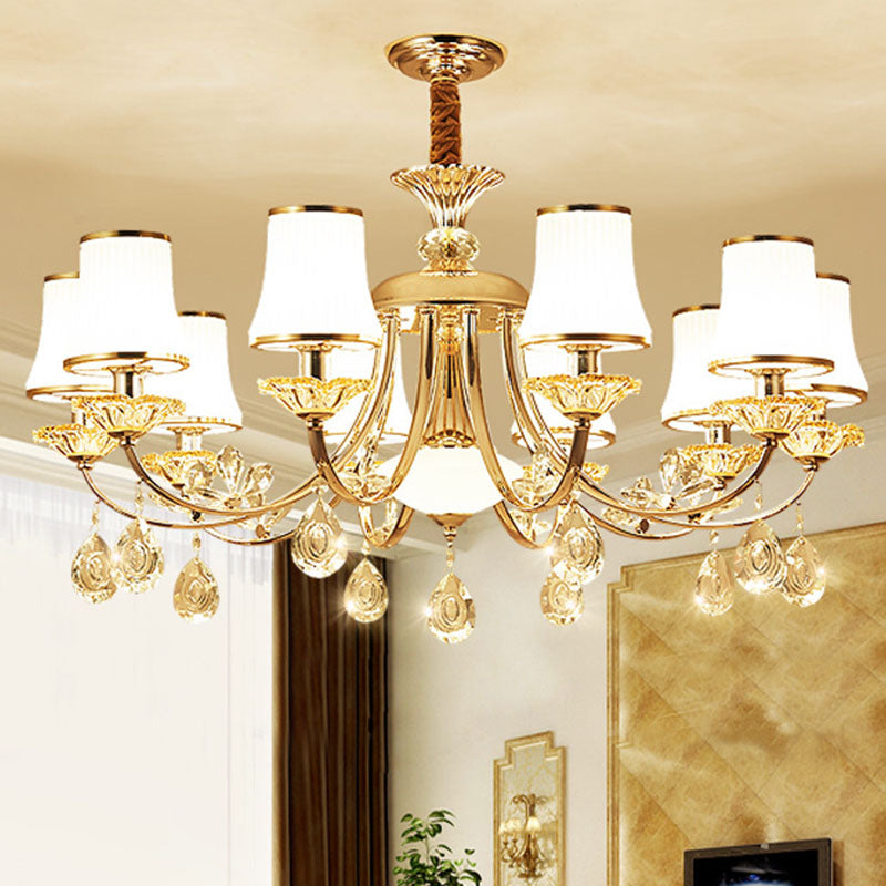Bell Shade Living Room Hanging Lamp Opal Ribbed Glass Modern Chandelier Lighting Fixture in Gold 10 Gold Clearhalo 'Ceiling Lights' 'Chandeliers' 'Modern Chandeliers' 'Modern' Lighting' 2030072