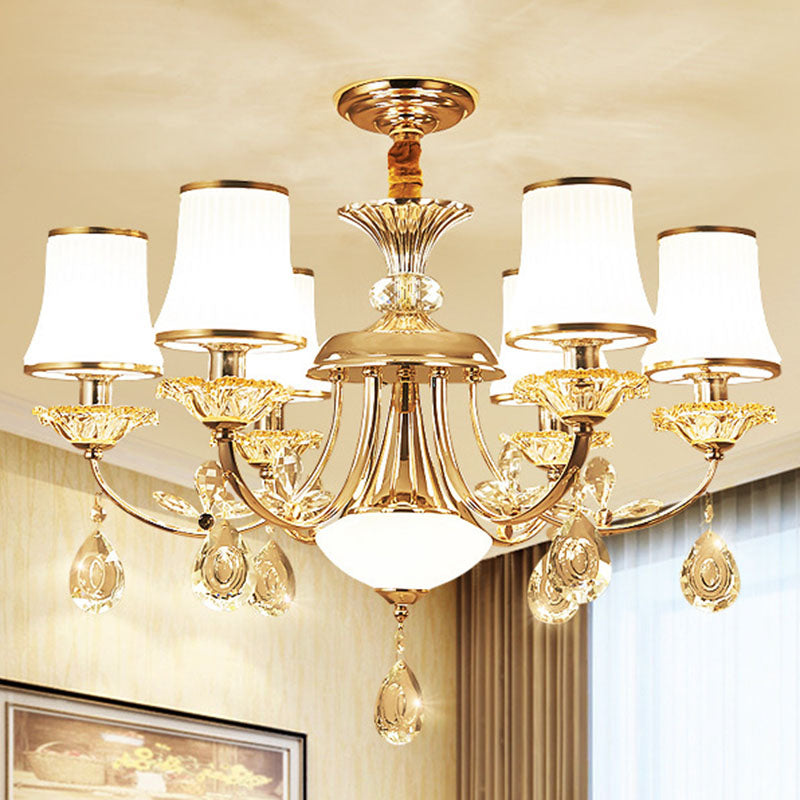 Bell Shade Living Room Hanging Lamp Opal Ribbed Glass Modern Chandelier Lighting Fixture in Gold 6 Gold Clearhalo 'Ceiling Lights' 'Chandeliers' 'Modern Chandeliers' 'Modern' Lighting' 2030074