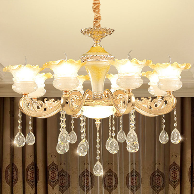 Petal Frosted Glass Hanging Light Kit Minimalistic Gold Pendant Chandelier with Crystal Droplet 8 Gold Clearhalo 'Ceiling Lights' 'Chandeliers' 'Modern Chandeliers' 'Modern' Lighting' 2030079