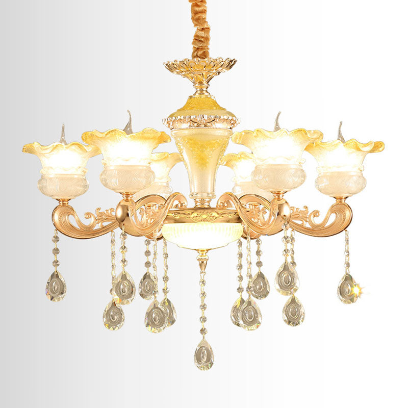 Petal Frosted Glass Hanging Light Kit Minimalistic Gold Pendant Chandelier with Crystal Droplet Clearhalo 'Ceiling Lights' 'Chandeliers' 'Modern Chandeliers' 'Modern' Lighting' 2030082