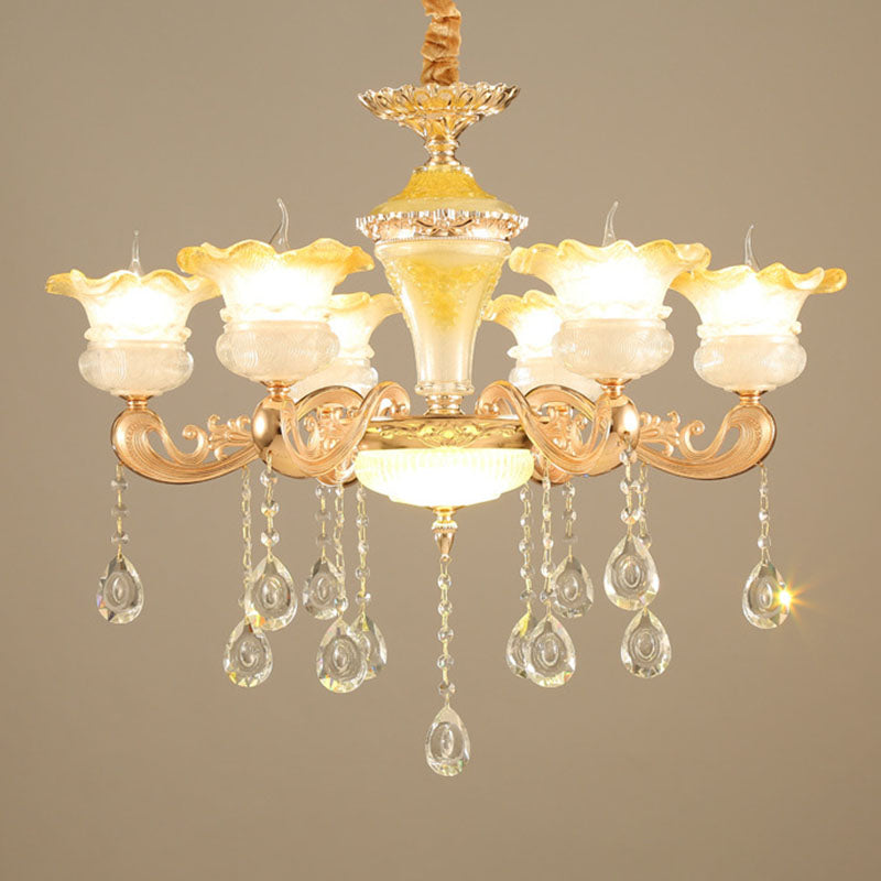 Petal Frosted Glass Hanging Light Kit Minimalistic Gold Pendant Chandelier with Crystal Droplet Clearhalo 'Ceiling Lights' 'Chandeliers' 'Modern Chandeliers' 'Modern' Lighting' 2030083