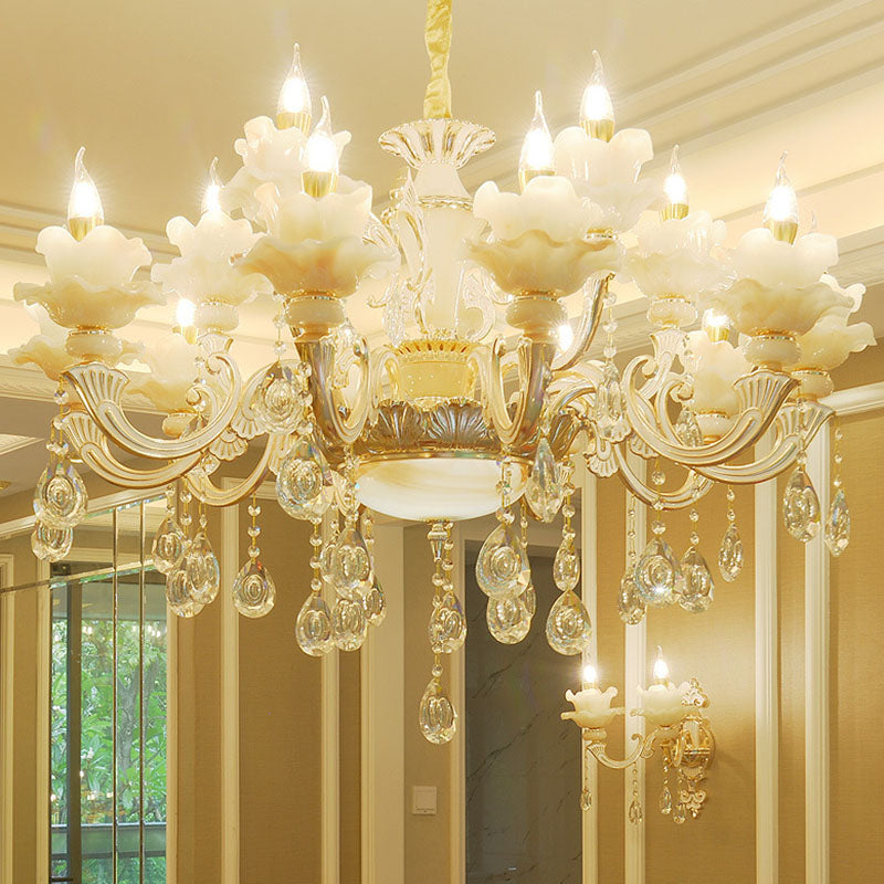 Gold Petal Chandelier Lamp Contemporary Jade Suspension Light with Crystal Draping 15 Gold Clearhalo 'Ceiling Lights' 'Chandeliers' 'Modern Chandeliers' 'Modern' Lighting' 2030117