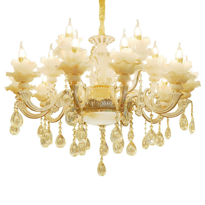 Gold Petal Chandelier Lamp Contemporary Jade Suspension Light with Crystal Draping Clearhalo 'Ceiling Lights' 'Chandeliers' 'Modern Chandeliers' 'Modern' Lighting' 2030119