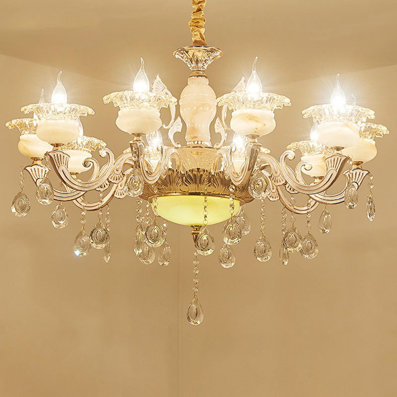 Gold Petal Chandelier Lamp Contemporary Jade Suspension Light with Crystal Draping Clearhalo 'Ceiling Lights' 'Chandeliers' 'Modern Chandeliers' 'Modern' Lighting' 2030121