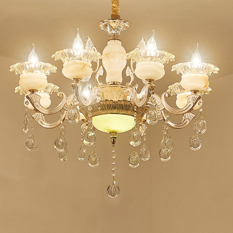 Gold Petal Chandelier Lamp Contemporary Jade Suspension Light with Crystal Draping 8 Gold Clearhalo 'Ceiling Lights' 'Chandeliers' 'Modern Chandeliers' 'Modern' Lighting' 2030122