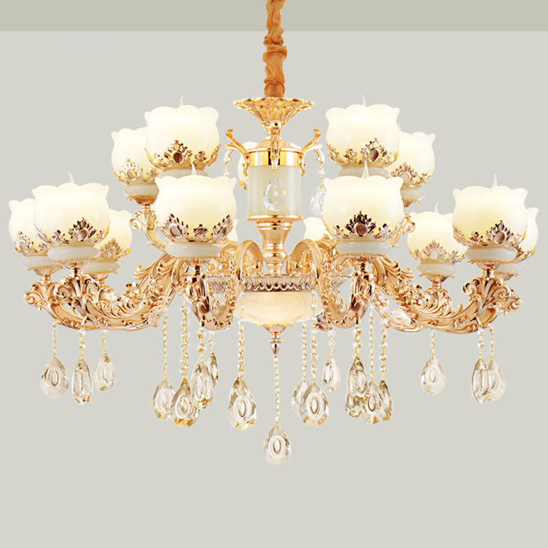 Minimal Chandelier Light Fixture Gold Blossom Crystal Pendant Lighting with Jade Shade 15 Gold Clearhalo 'Ceiling Lights' 'Chandeliers' 'Modern Chandeliers' 'Modern' Lighting' 2030124