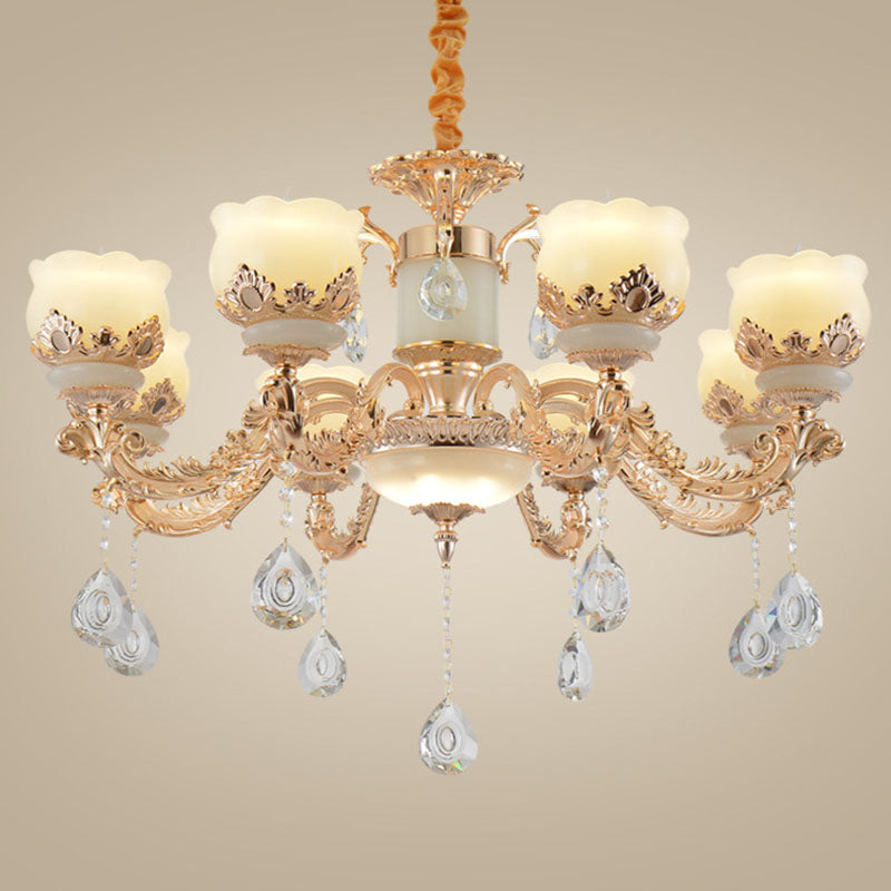 Minimal Chandelier Light Fixture Gold Blossom Crystal Pendant Lighting with Jade Shade 8 Gold Clearhalo 'Ceiling Lights' 'Chandeliers' 'Modern Chandeliers' 'Modern' Lighting' 2030128