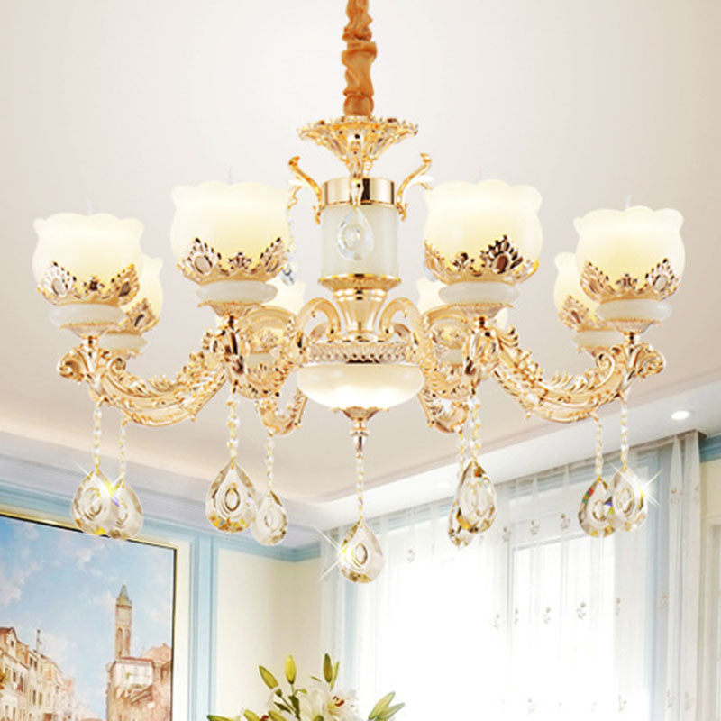 Minimal Chandelier Light Fixture Gold Blossom Crystal Pendant Lighting with Jade Shade Clearhalo 'Ceiling Lights' 'Chandeliers' 'Modern Chandeliers' 'Modern' Lighting' 2030129