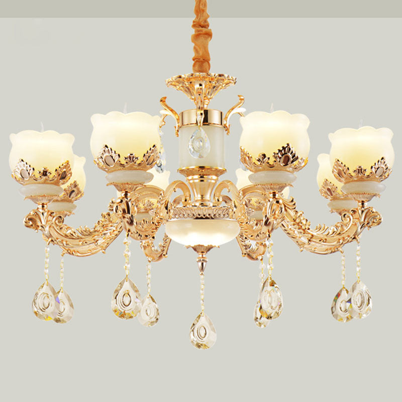 Minimal Chandelier Light Fixture Gold Blossom Crystal Pendant Lighting with Jade Shade Clearhalo 'Ceiling Lights' 'Chandeliers' 'Modern Chandeliers' 'Modern' Lighting' 2030130