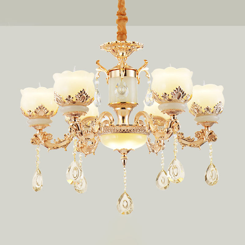 Minimal Chandelier Light Fixture Gold Blossom Crystal Pendant Lighting with Jade Shade 6 Gold Clearhalo 'Ceiling Lights' 'Chandeliers' 'Modern Chandeliers' 'Modern' Lighting' 2030131