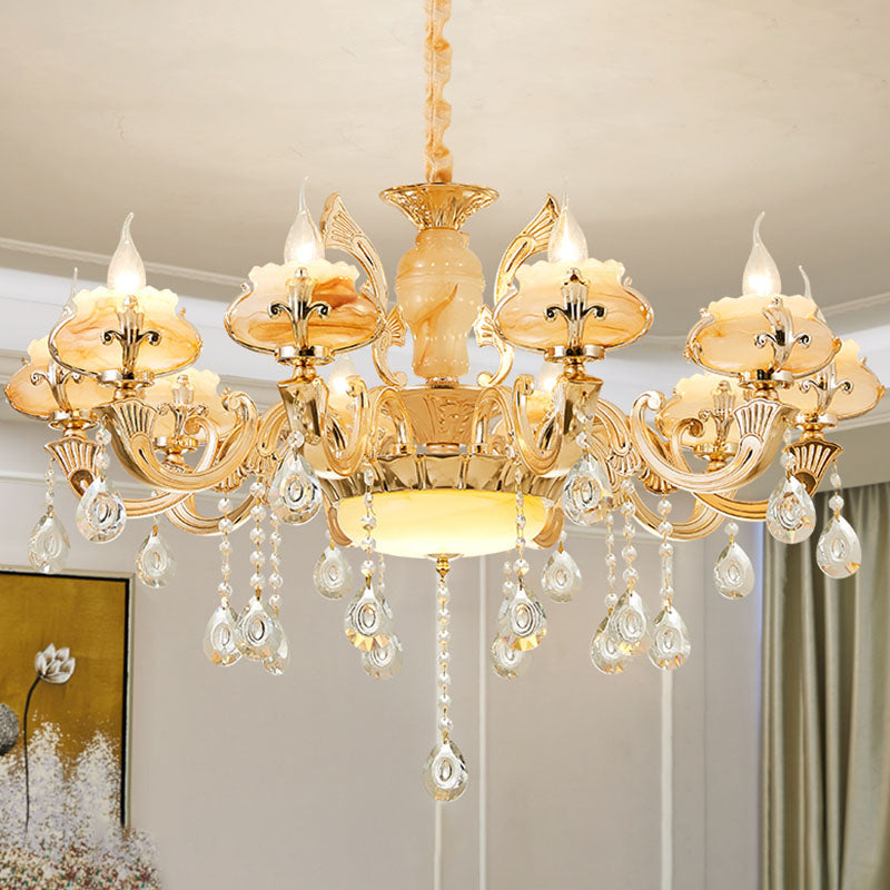 Blossom Jade Chandelier Light Fixture Minimalist Gold Hanging Lamp Kit with Crystal Draping 10 Gold C Clearhalo 'Ceiling Lights' 'Chandeliers' 'Modern Chandeliers' 'Modern' Lighting' 2030191