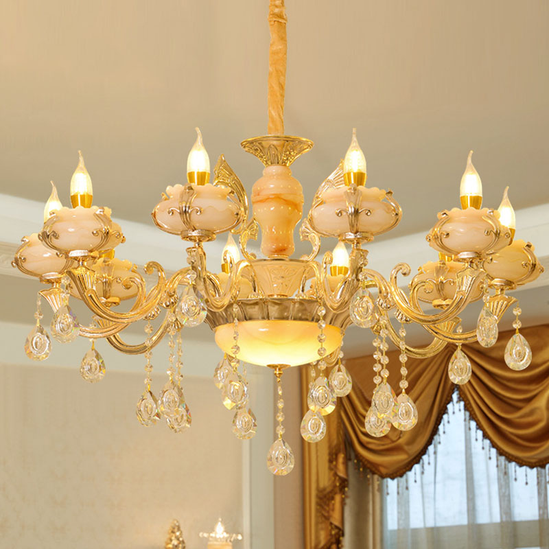 Floral Living Room Ceiling Pendant Rustic Jade Gold Chandelier Lighting Fixture with Crystal Draping 10 Gold C Clearhalo 'Ceiling Lights' 'Chandeliers' Lighting' options 2030210_cab09760-254d-48fb-826d-5b5348371420
