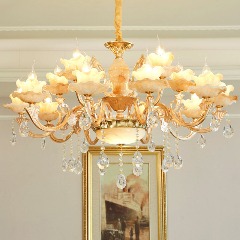 Floral Living Room Ceiling Pendant Rustic Jade Gold Chandelier Lighting Fixture with Crystal Draping Clearhalo 'Ceiling Lights' 'Chandeliers' Lighting' options 2030225