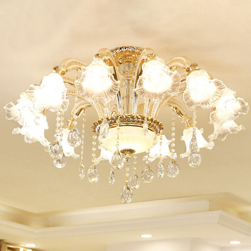 Frost Glass Floral Shaped Ceiling Lighting Korean Garden Living Room  Chandelier Light Fixture with Droplet Decor - Clearhalo