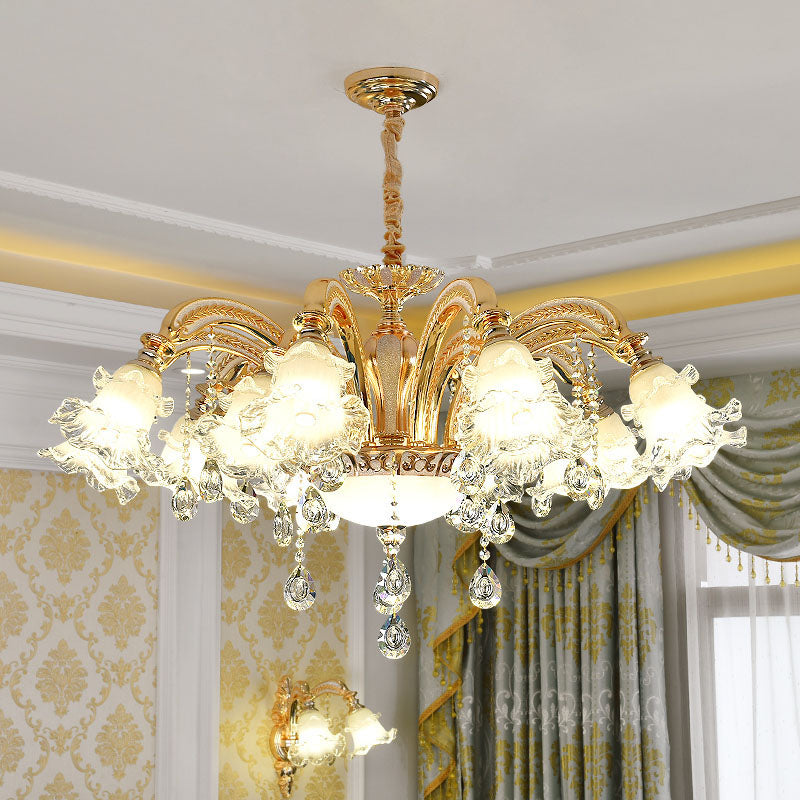 Modernist Floral Pendant Light Kit Clear Glass Living Room Crystal Chandelier Lamp in Gold 12 Gold Clearhalo 'Ceiling Lights' 'Chandeliers' 'Modern Chandeliers' 'Modern' Lighting' 2030248