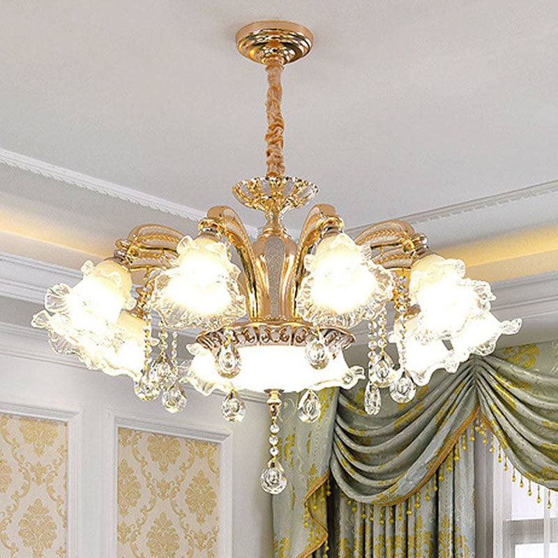Modernist Floral Pendant Light Kit Clear Glass Living Room Crystal Chandelier Lamp in Gold 10 Gold Clearhalo 'Ceiling Lights' 'Chandeliers' 'Modern Chandeliers' 'Modern' Lighting' 2030249