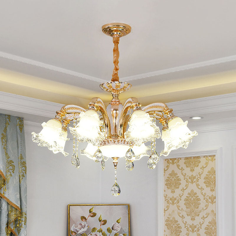 Modernist Floral Pendant Light Kit Clear Glass Living Room Crystal Chandelier Lamp in Gold 8 Gold Clearhalo 'Ceiling Lights' 'Chandeliers' 'Modern Chandeliers' 'Modern' Lighting' 2030251
