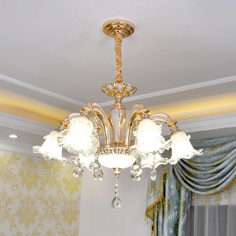 Modernist Floral Pendant Light Kit Clear Glass Living Room Crystal Chandelier Lamp in Gold 6 Gold Clearhalo 'Ceiling Lights' 'Chandeliers' 'Modern Chandeliers' 'Modern' Lighting' 2030252