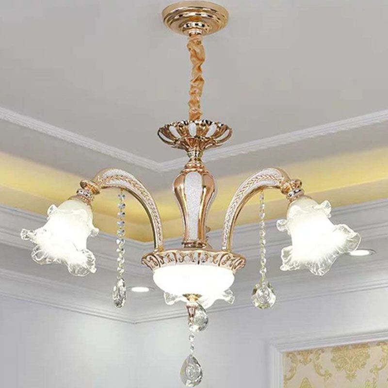 Modernist Floral Pendant Light Kit Clear Glass Living Room Crystal Chandelier Lamp in Gold 3 Gold Clearhalo 'Ceiling Lights' 'Chandeliers' 'Modern Chandeliers' 'Modern' Lighting' 2030253