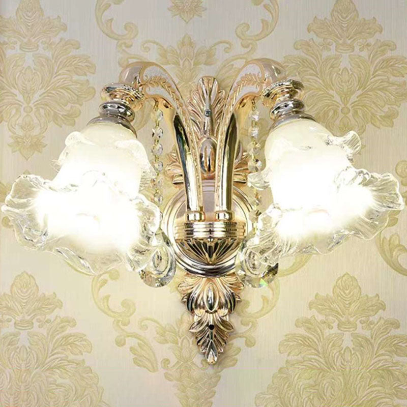Modernist Floral Pendant Light Kit Clear Glass Living Room Crystal Chandelier Lamp in Gold 2 Gold Clearhalo 'Ceiling Lights' 'Chandeliers' 'Modern Chandeliers' 'Modern' Lighting' 2030254