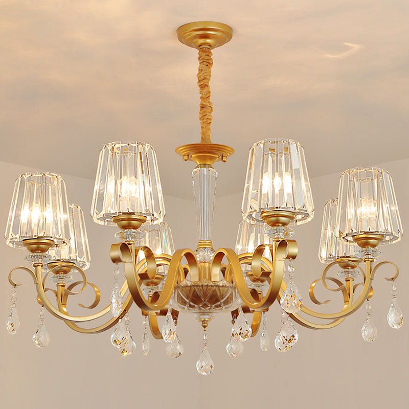 Tapered Beveled Crystal Hanging Light Kit Simplicity Gold Ceiling Chandelier with Scrolled Arm Clearhalo 'Ceiling Lights' 'Chandeliers' 'Modern Chandeliers' 'Modern' Lighting' 2030283