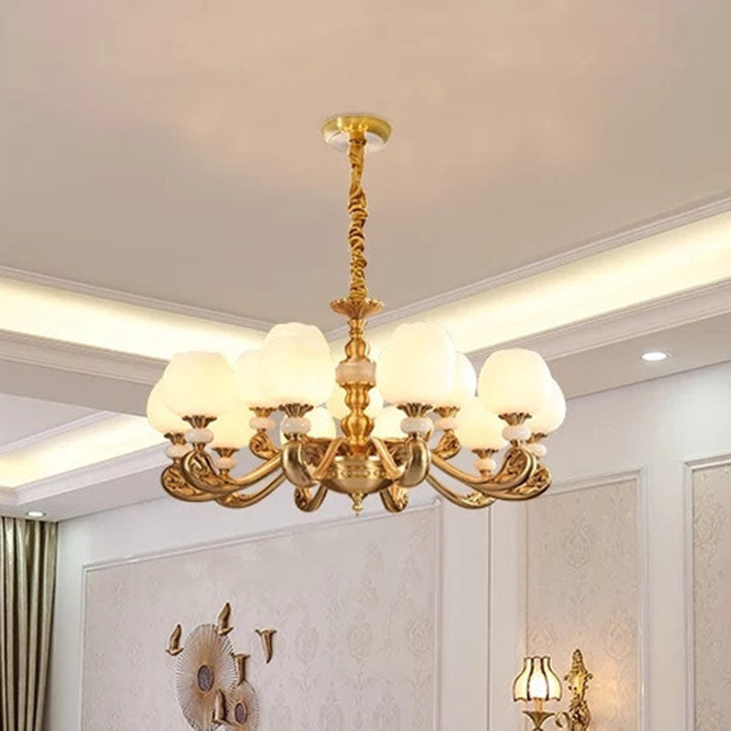 Opal Glass Bud Pendant Chandelier Modern Style Brass Suspension Lighting with Curved Arm 15 White Clearhalo 'Ceiling Lights' 'Chandeliers' 'Modern Chandeliers' 'Modern' Lighting' 2030286