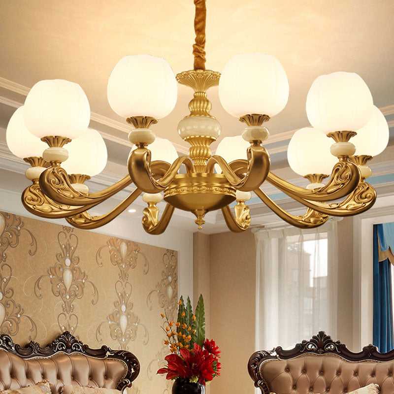 Opal Glass Bud Pendant Chandelier Modern Style Brass Suspension Lighting with Curved Arm 10 White Clearhalo 'Ceiling Lights' 'Chandeliers' 'Modern Chandeliers' 'Modern' Lighting' 2030288