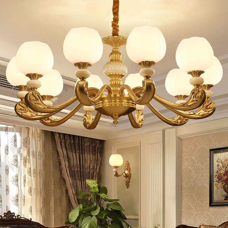 Opal Glass Bud Pendant Chandelier Modern Style Brass Suspension Lighting with Curved Arm Clearhalo 'Ceiling Lights' 'Chandeliers' 'Modern Chandeliers' 'Modern' Lighting' 2030289