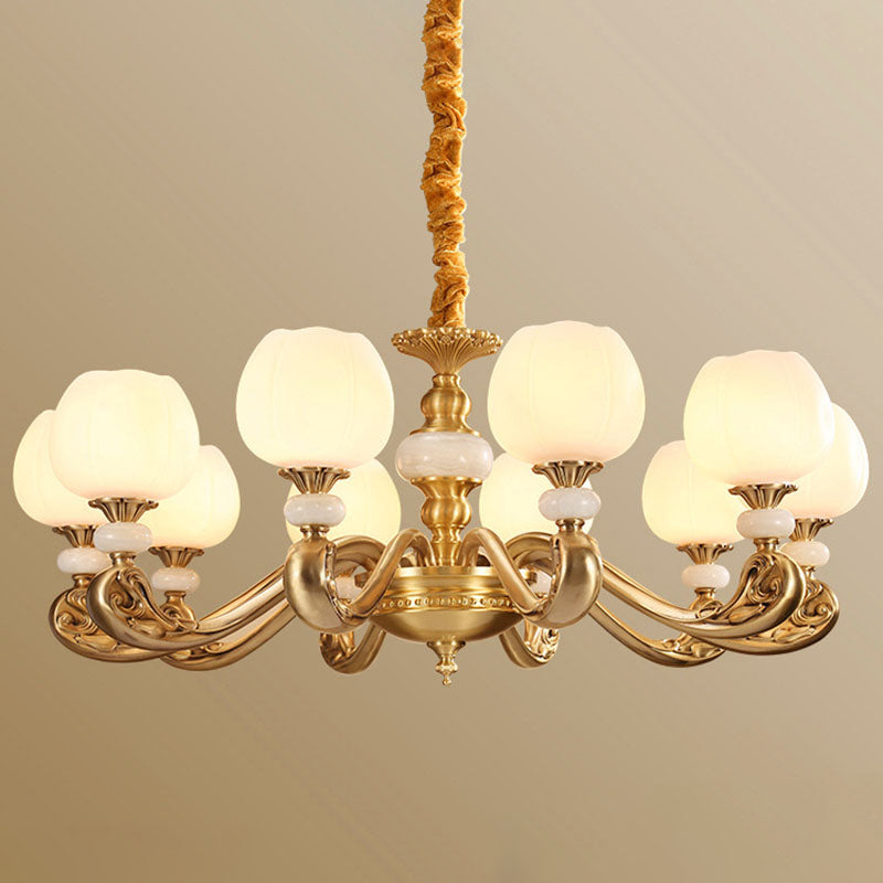 Opal Glass Bud Pendant Chandelier Modern Style Brass Suspension Lighting with Curved Arm Clearhalo 'Ceiling Lights' 'Chandeliers' 'Modern Chandeliers' 'Modern' Lighting' 2030290