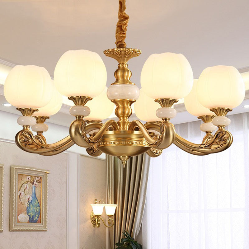 Opal Glass Bud Pendant Chandelier Modern Style Brass Suspension Lighting with Curved Arm 8 White Clearhalo 'Ceiling Lights' 'Chandeliers' 'Modern Chandeliers' 'Modern' Lighting' 2030291