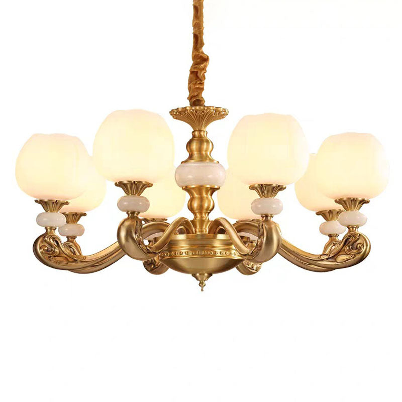 Opal Glass Bud Pendant Chandelier Modern Style Brass Suspension Lighting with Curved Arm Clearhalo 'Ceiling Lights' 'Chandeliers' 'Modern Chandeliers' 'Modern' Lighting' 2030293