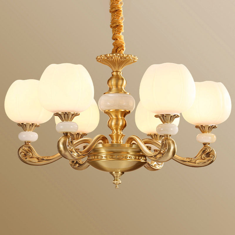 Opal Glass Bud Pendant Chandelier Modern Style Brass Suspension Lighting with Curved Arm 6 White Clearhalo 'Ceiling Lights' 'Chandeliers' 'Modern Chandeliers' 'Modern' Lighting' 2030294