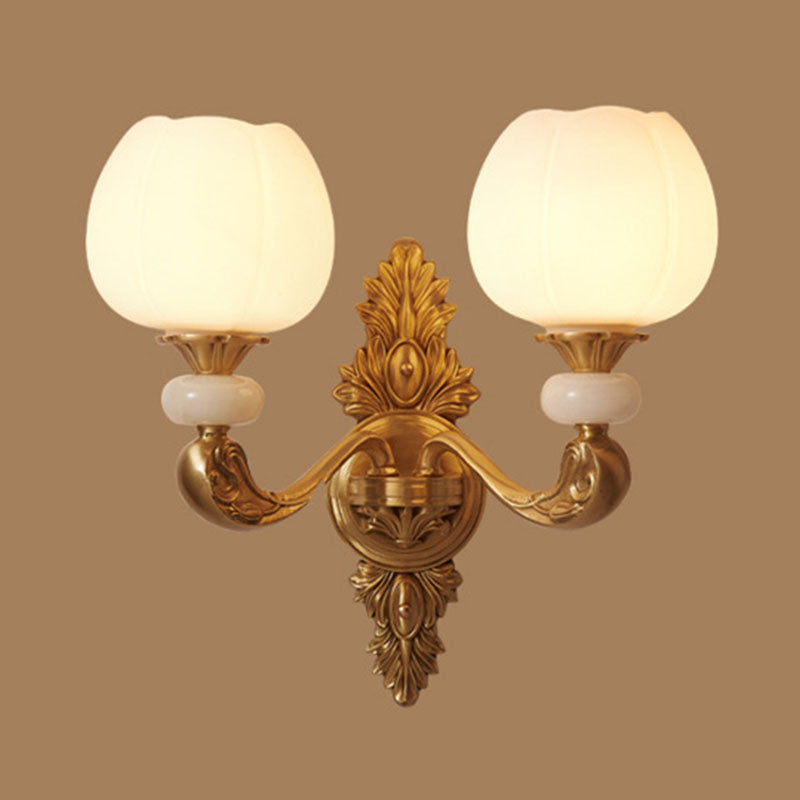 Opal Glass Bud Pendant Chandelier Modern Style Brass Suspension Lighting with Curved Arm 2 White Clearhalo 'Ceiling Lights' 'Chandeliers' 'Modern Chandeliers' 'Modern' Lighting' 2030295