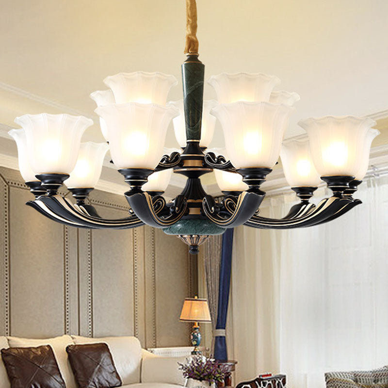 Flower Chandelier Lighting Minimalist Frosted Glass Living Room Ceiling Pendant Light in Blackish Green Blackish Green Clearhalo 'Ceiling Lights' 'Chandeliers' 'Glass shade' 'Glass' 'Modern Chandeliers' 'Modern' Lighting' 2030321