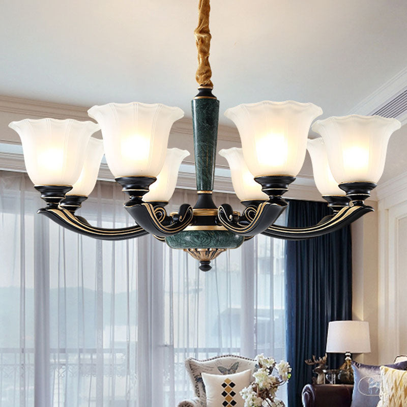 Flower Chandelier Lighting Minimalist Frosted Glass Living Room Ceiling Pendant Light in Blackish Green 8 Blackish Green Clearhalo 'Ceiling Lights' 'Chandeliers' 'Glass shade' 'Glass' 'Modern Chandeliers' 'Modern' Lighting' 2030323