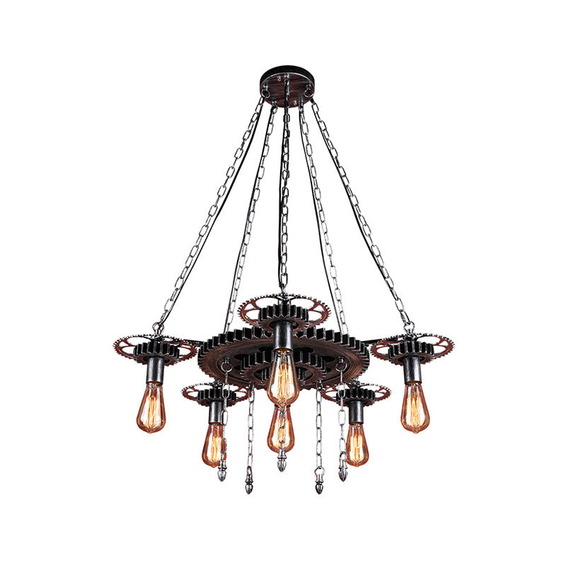 Exposed Bulb Metal Light Chandelier Industrial 6 Light Dining Room Pendant Lighting in Silver/Bronze with Gear Clearhalo 'Cast Iron' 'Ceiling Lights' 'Chandeliers' 'Industrial Chandeliers' 'Industrial' 'Metal' 'Middle Century Chandeliers' 'Rustic Chandeliers' 'Tiffany' Lighting' 203034