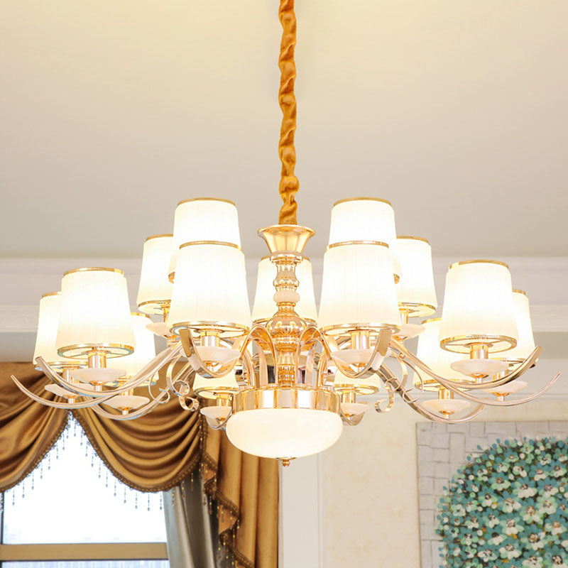 Opal Glass Barrel Chandelier Modernist Gold Pendant Lighting Fixture with Curving Arm 15 Gold Clearhalo 'Ceiling Lights' 'Chandeliers' 'Glass shade' 'Glass' 'Modern Chandeliers' 'Modern' Lighting' 2030350