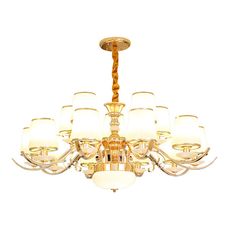 Opal Glass Barrel Chandelier Modernist Gold Pendant Lighting Fixture with Curving Arm Clearhalo 'Ceiling Lights' 'Chandeliers' 'Glass shade' 'Glass' 'Modern Chandeliers' 'Modern' Lighting' 2030352